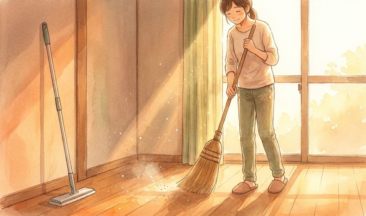 掃除機を使わずにほうきやワイパーを活用した無音掃除の実践